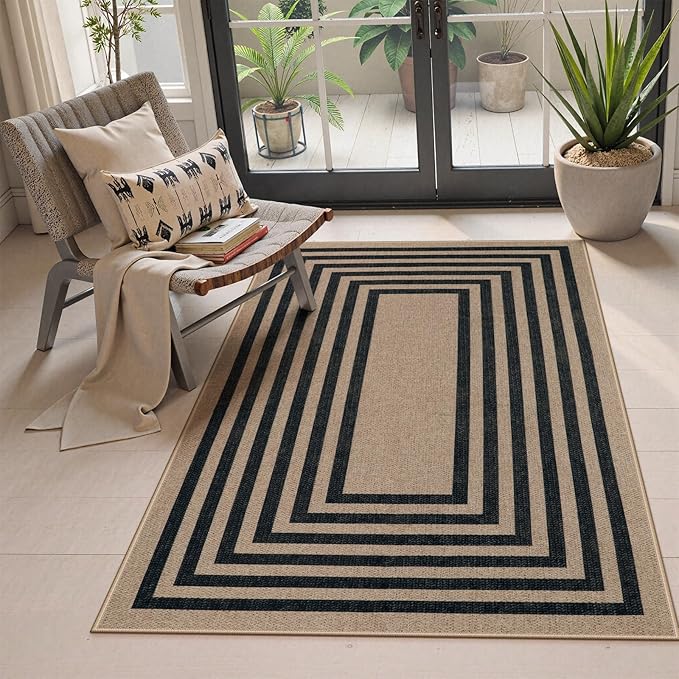 Lahome Modern Geometric Easy Jute Outdoor Rug, 3x5 Black Washable Kitchen Rugs for Bedroom Thin Non Slip Indoor Door Mat, Non Slip Farmhouse Carpet for Office Patio