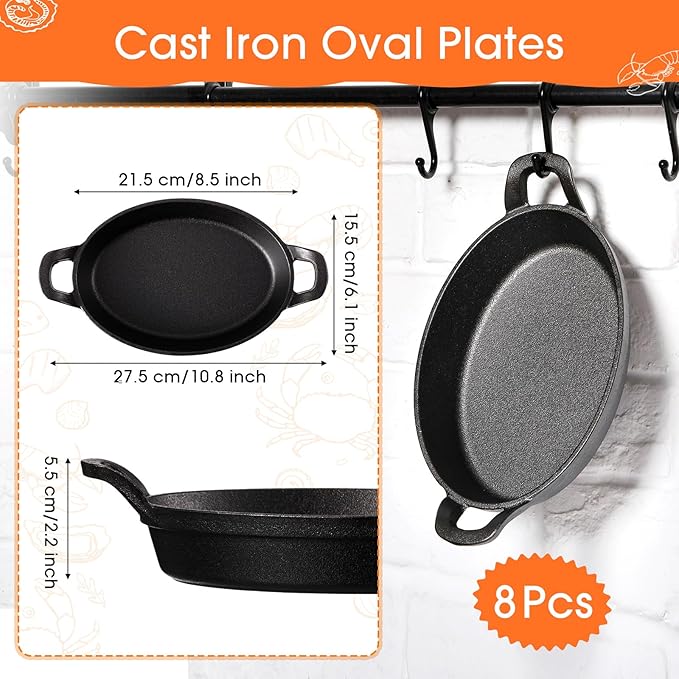 Mifoci 8 Pcs Oval Serving Dish Mini Cast Iron Skillet Cast Iron Baking Pan Sizzling Plate Matte Black Gratin Cookware for Home Restaurant Kitchen Food Service Barbecue (10.8 x 6.1 Inch)