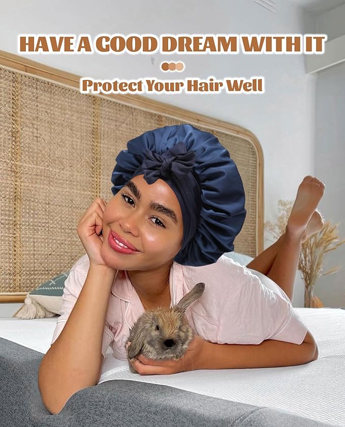 Satin Bonnet Silk Bonnet for Sleeping Silk Sleep Cap Double Layer Hair Bonnet with Elastic Tie Band for Curly Hair Night Cap (Navy Blue + Light Blue)