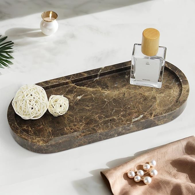 100% Real Natural Marble Tray for Bathroom, Luxury Dark Brown Stone Vanity Tray, Decorative Oval Trays for Countertop Storage Organizer, Vanity Dresser Kitchen Home Decor, 10.2" x 4.3", Brown