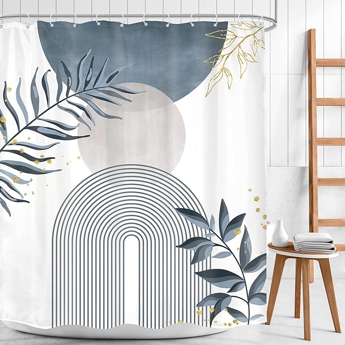 Blue Gray Boho Shower Curtain 60Wx72H Abstract Grey Bohemian Modern Leaves Mid Century Minimalist Plant Bathroom Decor Contemporary Simple Neutral Bath Curtain Fabric Polyester 12 Pack Hooks