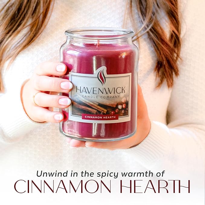 Havenwick Cinnamon Hearth Soy Blend 22-oz Large Jar Candle, Long Lasting 110-130 Hour Burn Time with Single Cotton Wick, Perfect Holiday Cinnamon Scented Candles for New Home Gift & Christmas Gift