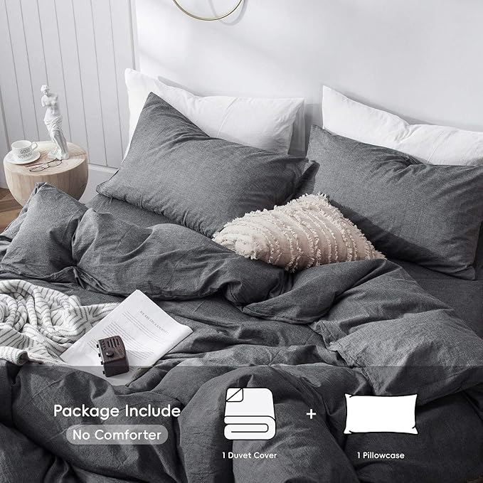 MooMee Bedding Duvet Cover Set 100% Washed Cotton Linen Like Textured Breathable Durable Soft Comfy (Heathered Dark Grey, Twin 68"x90")