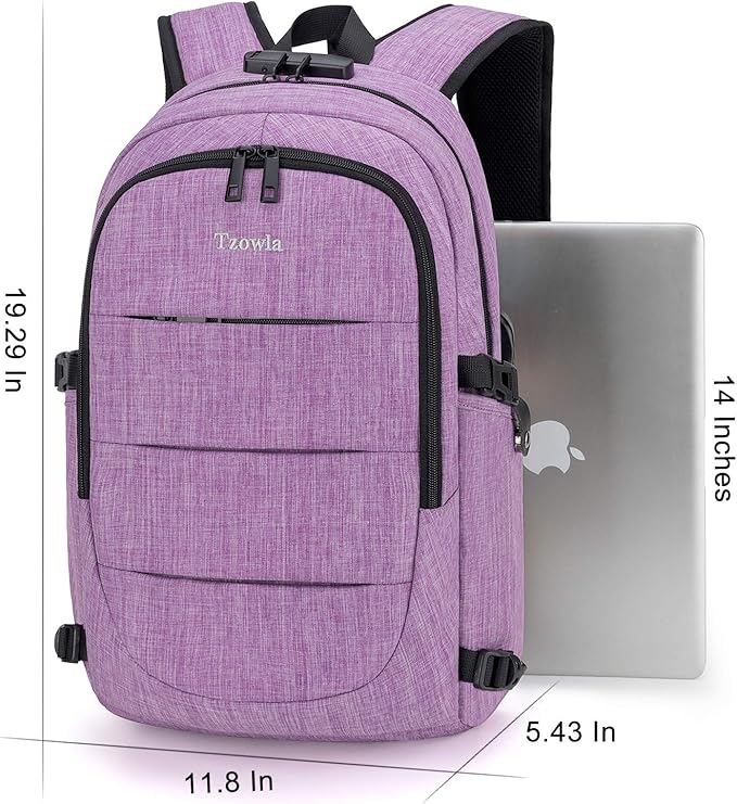 Tzowla Business Laptop Backpack Water Resistant Anti-Theft Backpack with USB Charging Port and Lock 15.6 Inch Computer Backpacks for Women, Casual Hiking Travel Daypack(Purple)