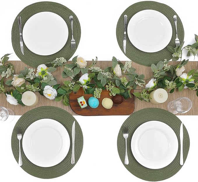 SHACOS Round Placemats Set of 6 Washable 15 inch Round Table Mats Cotton Polyester Woven Braided Place Mats for Dining Table (Olive Green, 6)