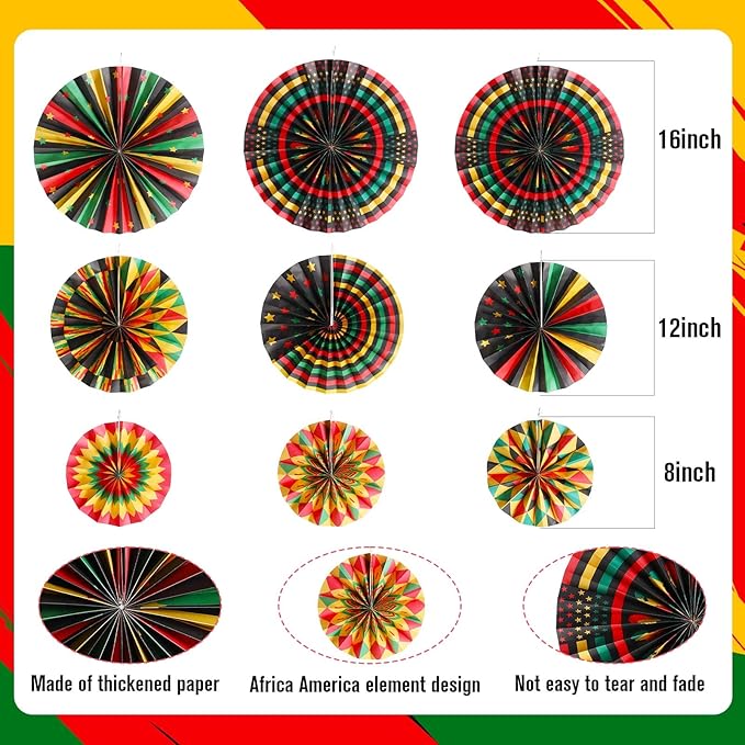 Outus Black History Month Decorations Paper Fans Juneteenth Hanging Paper Fans Kente Ceiling Wall Garland for African American Party Bulletin Board Classroom Decor(18 Pcs,Classic)