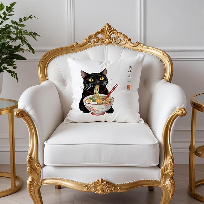 Funny Anime Vintage Black Cat Japanese Ramen Noodles Pillow Covers 18x18, Aesthetic Black Cat Art Painting Decor Pillow Covers for Room Bedroom