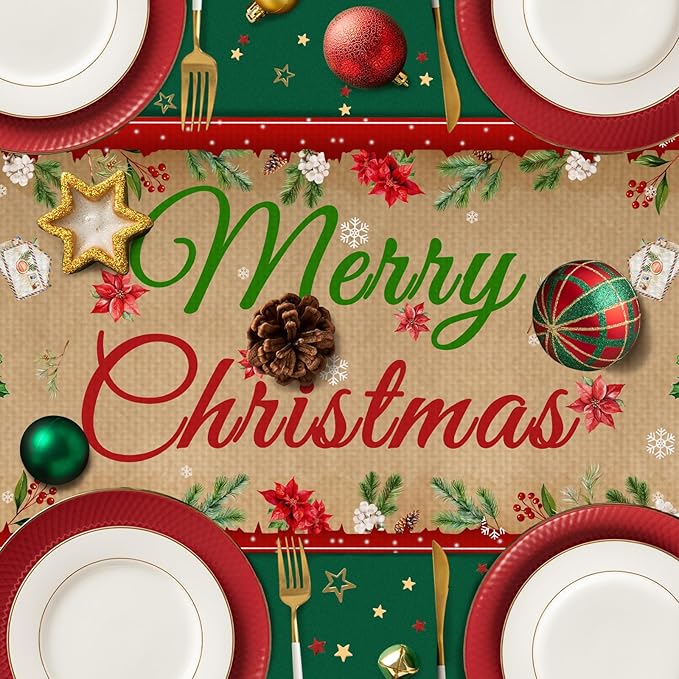 Merry Christmas Burlap Table Runner Seasonal Spring Fall Kitchen Dining Linen Table Decoration for Indoor Outdoor Home Party Dinner 13x72 Inch
