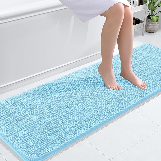 OLANLY Bathroom Rugs 59x20, Extra Soft Absorbent Chenille Bath Rugs, Rubber Backing Quick Dry, Machine Washable Bath Mats for Bathroom Floor, Tub and Shower, Home Decor Accessories, Sky Blue