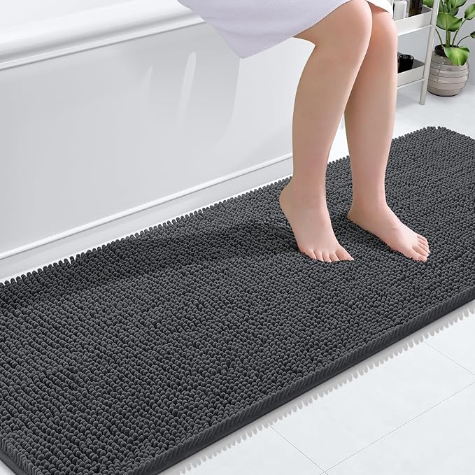 OLANLY Bathroom Rugs 70x24, Extra Soft Absorbent Chenille Bath Rugs, Rubber Backing Quick Dry, Machine Washable Bath Mats for Bathroom Floor, Tub and Shower, Home Decor Accessories, Dark Grey