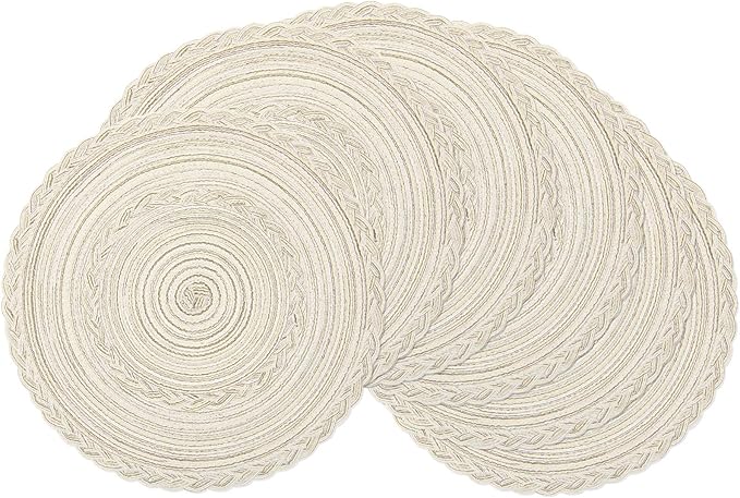 SHACOS Round Placemats Set of 6 Boho Braided Bordered Placemats 15 inch for Dining Tables Wedding Holiday Party (Ivory Bordered, 6)
