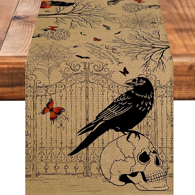 Halloween Haunted Burlap Table Runner Seasonal Spring Fall Kitchen Dining Linen Table Decoration for Indoor Outdoor Home Party Dinner 13x72 Inch