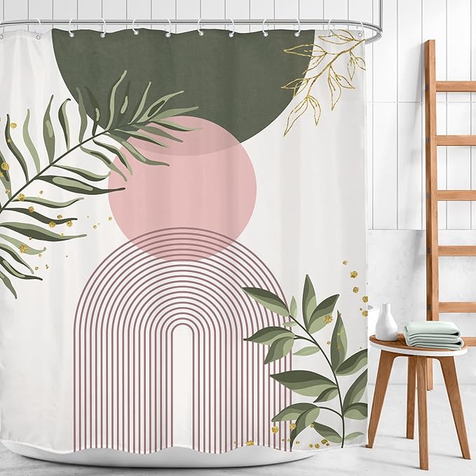 Pink Sage Green Boho Shower Curtain 60Wx72H Mid Century Modern Abstract Gold Leaves Plant Sun Bathroom Decor Minimalist Geometric Arch Line Aesthetic Bath Curtain Fabric Polyester 12 Pack Hooks