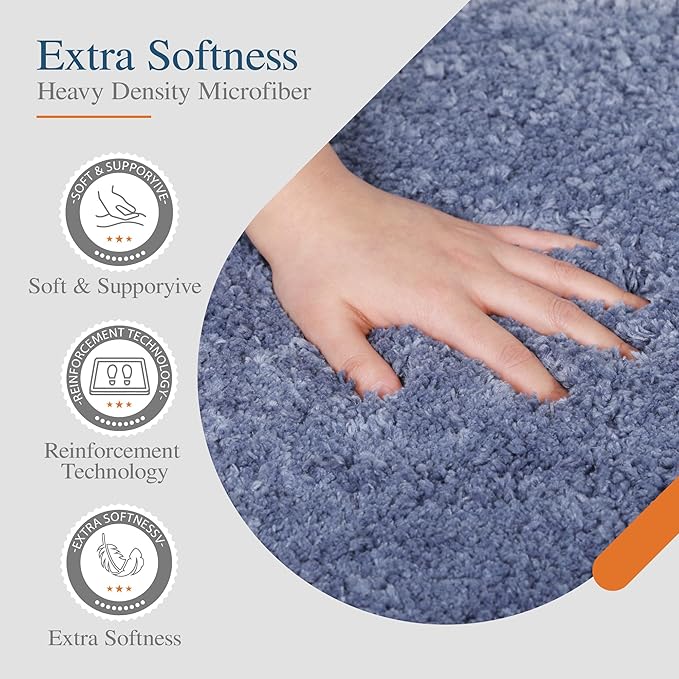 Walensee Non Slip Bath Mat (16 x 24, Blue) - Soft Microfiber Shaggy, Water Absorbent, Machine Washable, Thick Plush Shower Rug