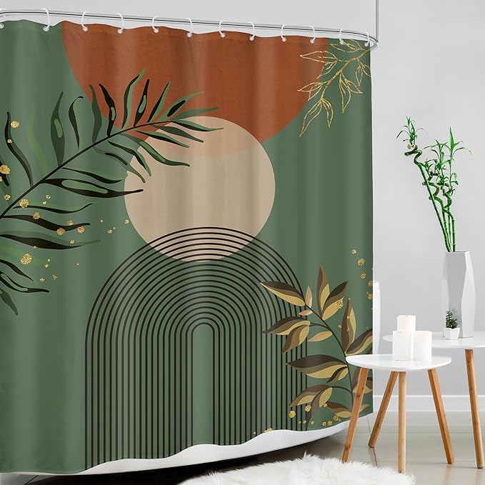 Boho Dark Green Shower Curtain 60Wx72H Abstract Bohemian Mid Century Minimalist Teal Gold Leaf Arch Geometric Plant Neutral Bathroom Decor Botany Bath Curtain Fabric Polyester 12 Pack Hooks