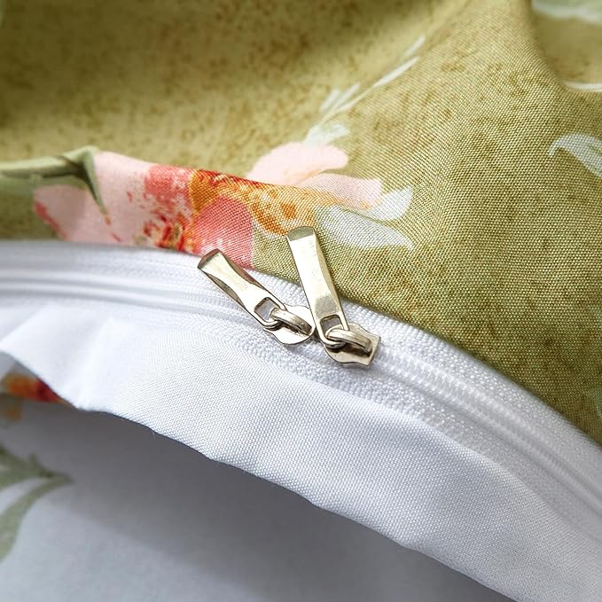 mixinni Duvet Cover King Size, Long Staple Cotton Reversible Green Floral Duvet Cover Set with Zipper Ties, 3 Pieces Botanical Pink Flowers and Green Branches Patterns Bedding Set