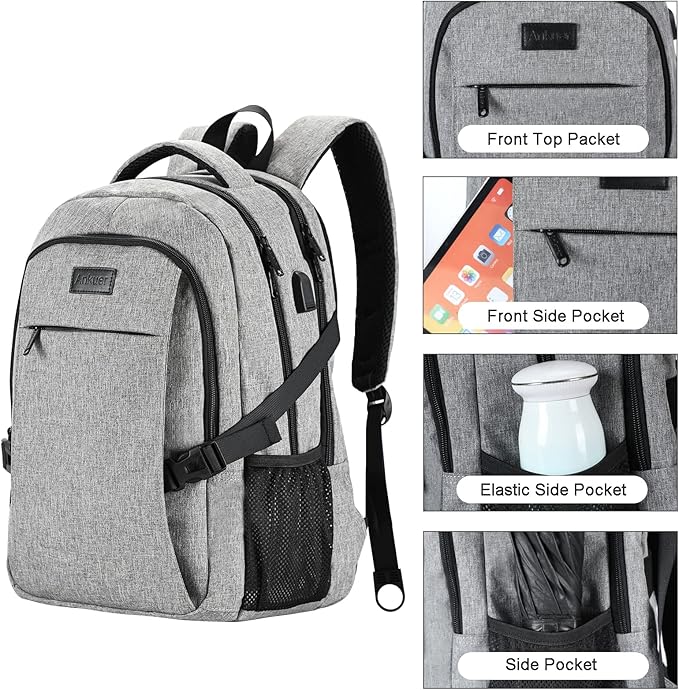 ANKUER Backpacks for Men Women, Backpack Fits Up 15.6 in Laptop Backpack for Travel, Backpacks with USB Charging Port, Work Business Backpack for Women (Grey)