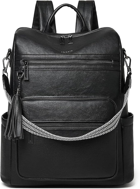 Shrrie 15.6 inch Laptop Backpack for Women,Large Leather Backpack Purse,Travel,Carry on,Water Resistant Casual Laptop Backpacks,College Backpack,Work Backpack for Women,Two-tone Black