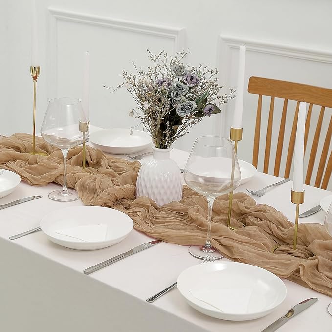 DOLOPL 2 Pack Brown Table Runner 10ft Boho Cheese Cloth Table Runner for Baby Shower Decorations 120inch Long for Winter Wedding Shower Wedding Bridal Birthday Party Table Decorations
