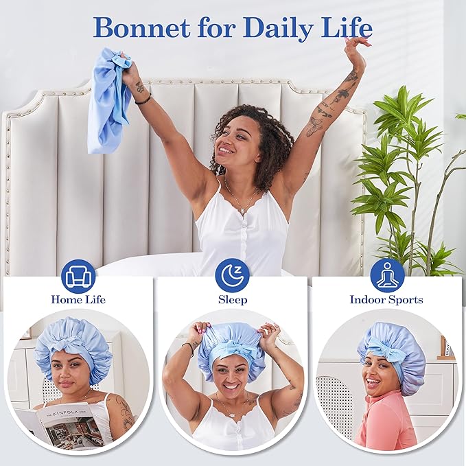 Silk Satin Bonnet Hair Wrap for Sleeping Women, Adjustable Tie Band Double Layer Sleep Night Head Cover for Curly Braid Fine