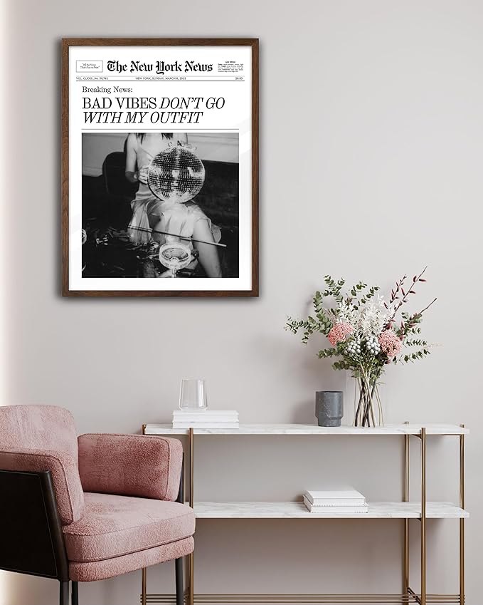 EcoHest Trendy Newspaper Magazine Framed Wall Art, 12x16 in Walnut Color OAK Wood Bad Vibes Don't Go With My Outfit Disco Bar Canvas Wall Art, Preppy Retro Decor For Bedroom Living Room 1Pack
