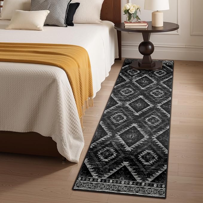 Area Rug 2x6 Rug Machine Washable Non-Slip Low Pile Print Pattern Western Rug for Living Room Bedroom Entryway Tribal Series-Black