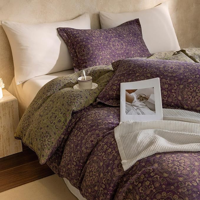 mixinni Purple Green Floral Duvet Cover Queen Size, Elegant Double-Layer Yarn Premium Cotton Vintage Duvet Cover Set, Exquisite Jacquard Design Bedding Set with 2 Pillowcases Perfect for Him and Her