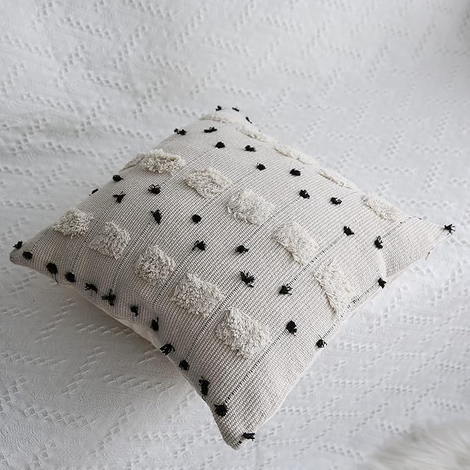 LIGICKY Boho Black and Beige Off White Throw Pillow Covers with Tassels Decorative Woven Plush Soft Tufted Square Pillow Case Modern Farmhouse Textured Cushion Cover for Couch Sofa Bed, 18x18 Inch
