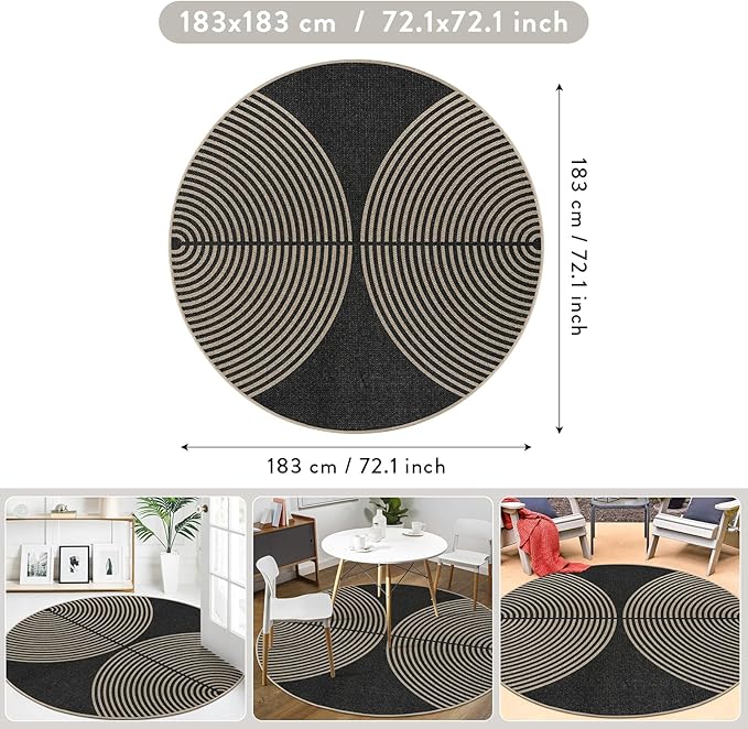 Lahome Modern Rainbow Round Rug, 6ft Easy Jute Circle Patio Rug Washable Indoor Outdoor Carpet for Living Room, Farmhouse Natural Contemporary Round Mat for Entryway Backyard Porch