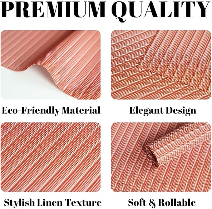Placemats Set of 6 Vinyl/Plastic Woven Place Mats for Kitchen Table Indoor/Outdoor Washable Placemat Wipeable Dining Table Mats (Red Stripes,6)