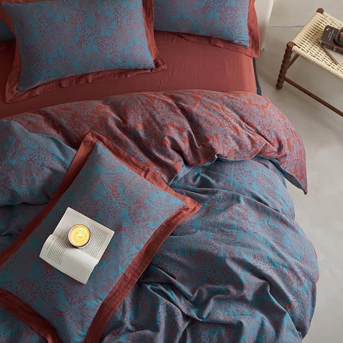 mixinni Muslin Cotton Vintage Blue Floral Duvet Cover Queen Size 3pcs Yarn Dyed Burgundy Jacquard Weave Bedding Comforter Cover Soft Breathable Bedding Sets for All Season-King Size