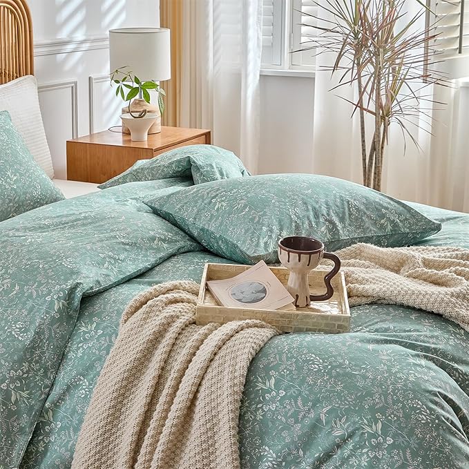 mixinni 3 Pieces Duvet Covers King Size, 100% Cotton Comforter Cover Wildflower Printed on Sage Green Floral Bedding Set with Zipper Closure 4 Ties (1 Duvet Cover 104"x90", 2 Pillow Cases 20"x36")
