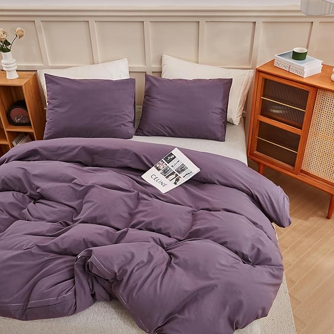 ECOCOTT Purple Duvet Cover Twin Size - 100% Washed Cotton Durable Soft Comfy Duvet Cover Set, 3 Pieces Duvet Cover with Zipper Closure (Purple, 68''x90'')