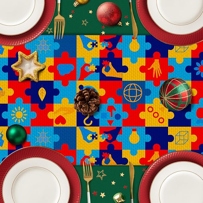 Autism Art Painting Burlap Table Runner Seasonal Spring Fall Kitchen Dining Linen Table Decoration for Indoor Outdoor Home Party Dinner 13x72 Inch