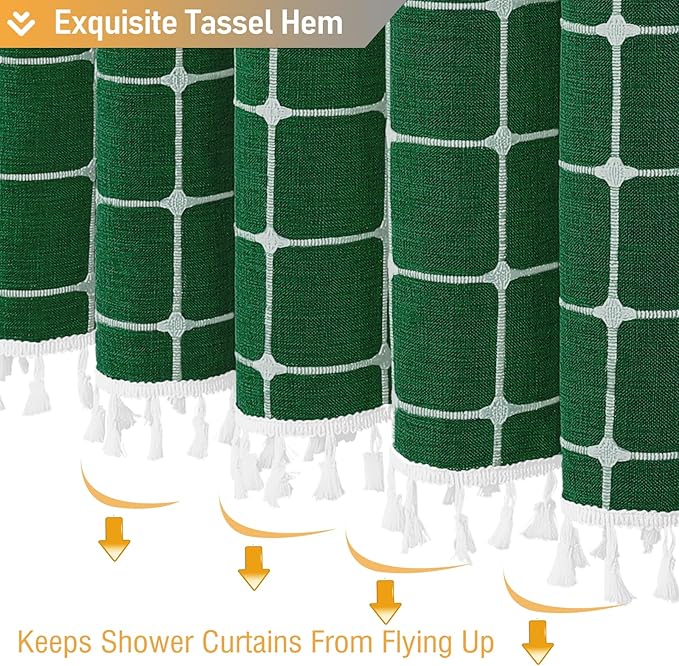 BTTN Boho Farmhouse Shower Curtain - Linen Rustic Heavy Duty Fabric Shower Curtain Set with Tassel, Water Repellent, Bohemian Vintage Country Cloth Shower Curtains for Bathroom, Emerald Green, 72x72
