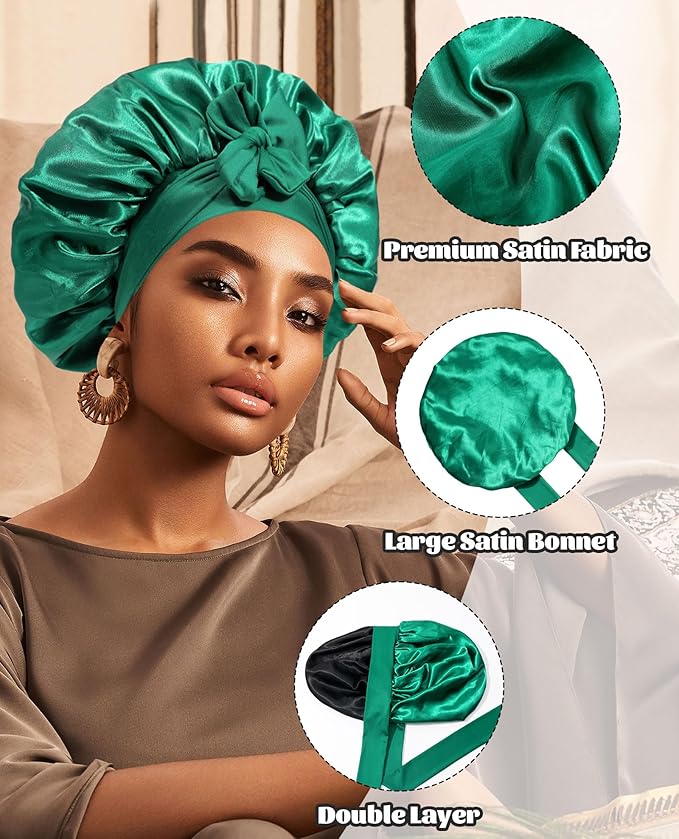 Satin Bonnet Silk Bonnet for Sleeping Silk Sleep Cap Double Layer Hair Bonnet with Elastic Tie Band for Curly Hair Night Cap (Dark Green+Black)