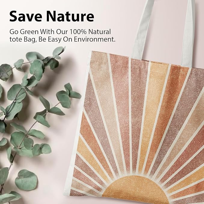 Boho Tote Bag Aesthetic, Minimalist Abstract Boho Terracotta Sun Sunshine Canvas Tote Bag for Women