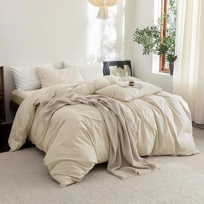 FOSSA Duvet Cover Set 100% Washed Cotton Linen Feel Super Soft Breathable Cozy 3 Pieces Bedding Sets Solid Almond Grey Oversized King