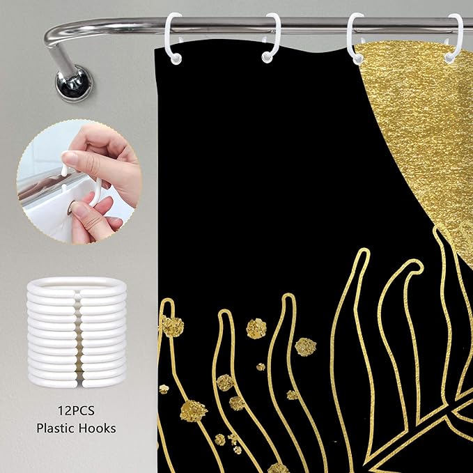 Black Gold Boho Shower Curtain 72Wx72H Bohemian Mid Century Modern Abstract Golden Leaves Plant Botanical Bathroom Decor Minimalist Geometric Neutral Bath Curtain Fabric Polyester 12 Pack Hooks