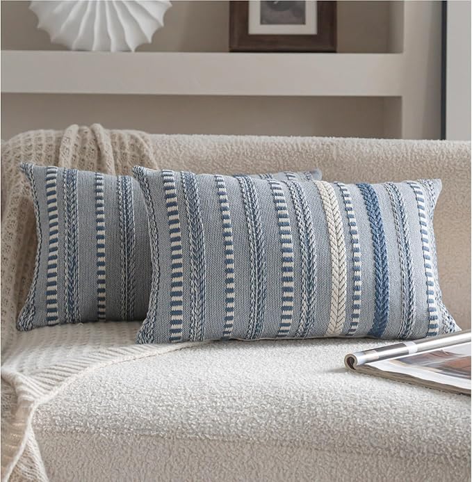 Boho Throw Pillow Covers 12x20 Inch Set of 2, Farmhouse Decorative Couch Pillow Cases, Blue Accent Pillows of Bed, Sofa Bedroom Living Room Home Decor Cushion Cover