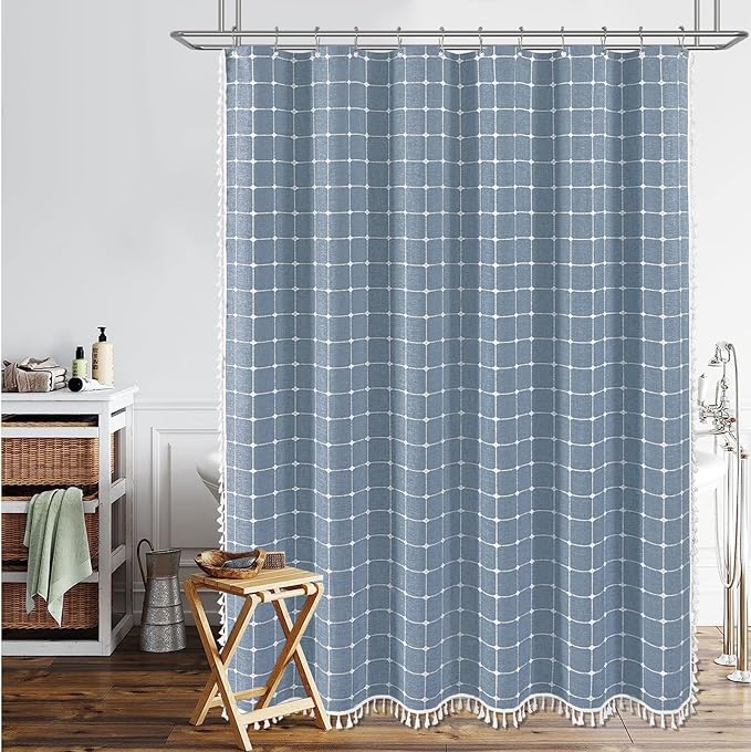 BTTN Stall Shower Curtain - 60 x 72 Inch Narrow Boho Chic Farmhouse Linen Vintage Fabric Shower Curtain Set with 10 Hooks, Bohemian Country Decorative Heavy Duty Shower Curtains for Bathroom - Blue