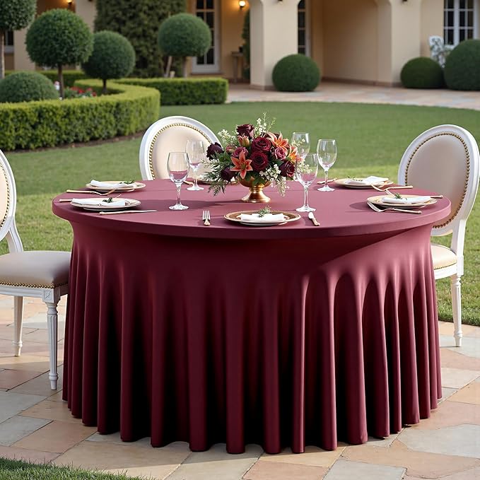 Outpain 6 Pack 72inch Burgundy Spandex Round Tablecloths, Stretchy 132inch Fitted 6FT Round Table Cloths, Wrinkle Free Table Cover with Skirt for Wedding Party Dining Banquet