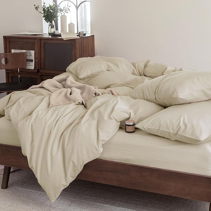 FOSSA Duvet Cover Set 100% Washed Cotton Linen Feel Super Soft Breathable Cozy 3 Pieces Bedding Sets Solid Almond Grey Twin