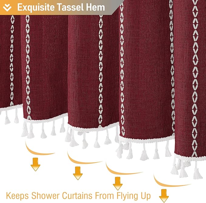 BTTN Boho Shower Curtain, Bohemian Linen Fabric Heavy Duty Striped Shower Curtain Set with Tassel, Water Repellent, Farmhouse Vintage Aesthetic Shower Curtains for Bathroom with Hooks, 72x72, Burgundy