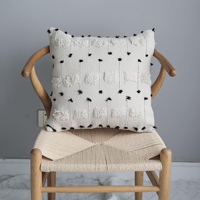LIGICKY Boho Black and Beige Off White Throw Pillow Covers with Tassels Decorative Woven Plush Soft Tufted Square Pillow Case Modern Farmhouse Textured Cushion Cover for Couch Sofa Bed, 18x18 Inch