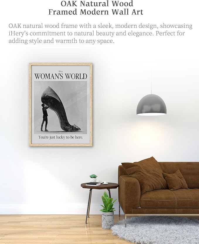 iHery Natural OAK Wood Woman's World Framed Wall Art, 12x16 in Retro Feminist Modern Hot Girls Canvas Wall Art, Trendy Black High Heels Bedroom Decor, Set of 1 For Bathroom Living Room