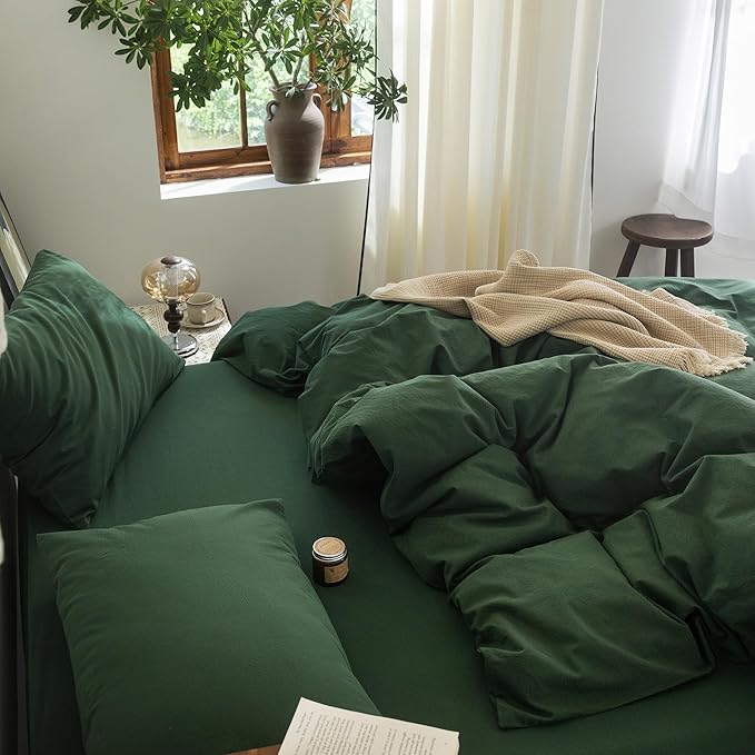 FOSSA Duvet Cover Set 100% Washed Cotton Linen Feel Super Soft Breathable Cozy 3 Pieces Bedding Sets Solid Forest Green Queen