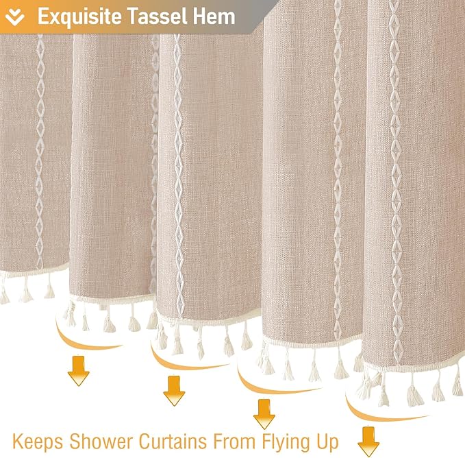 BTTN Boho Farmhouse Shower Curtain, Linen Rustic Heavy Duty Striped Fabric Shower Curtain Set with Tassel, Water Repellent, Bohemian Vintage Country Cloth Shower Curtain for Bathroom, Tan/Taupe, 72x72