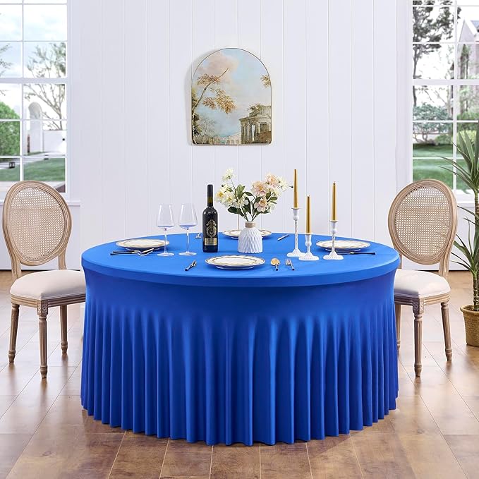 Outpain 8 Pack Royal Blue Spandex Round Tablecloth for 60in Tables, 120Inch Stretchy Fitted 5FT Round Table Clothes,Wrinkle Free Table Cover with Skirt for Wedding Party Dining Banquet