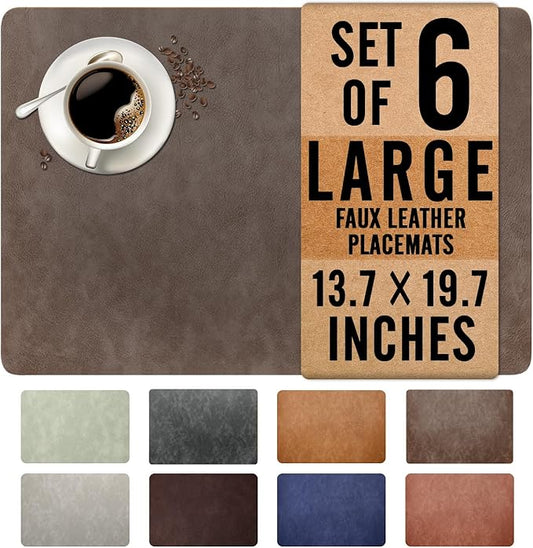 UnivoColors Washed Cowhide Pattern Faux Leather Big Size Placemats Set of 6, Waterproof Easy to Clean Anti-Slip PU Table Mats for Party Decoration19.7″×13.6″,Dark Brown Retro Cowhide Pattern